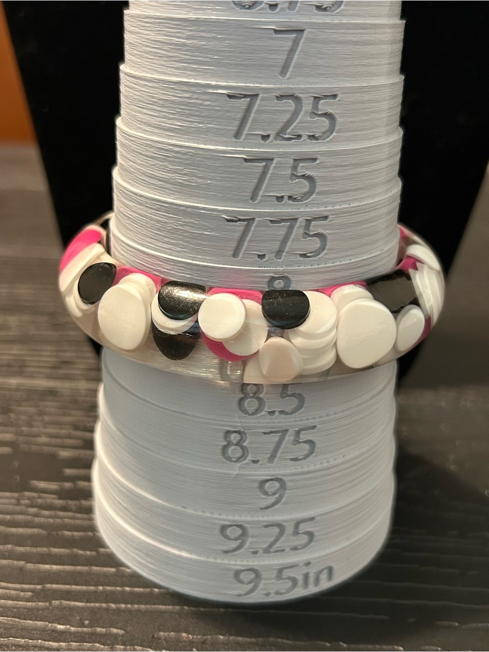 Vintage Black, White and Hot Pink Injected Pill Dot Lucite Resin Bangle Bracelet - Picture 4 of 7
